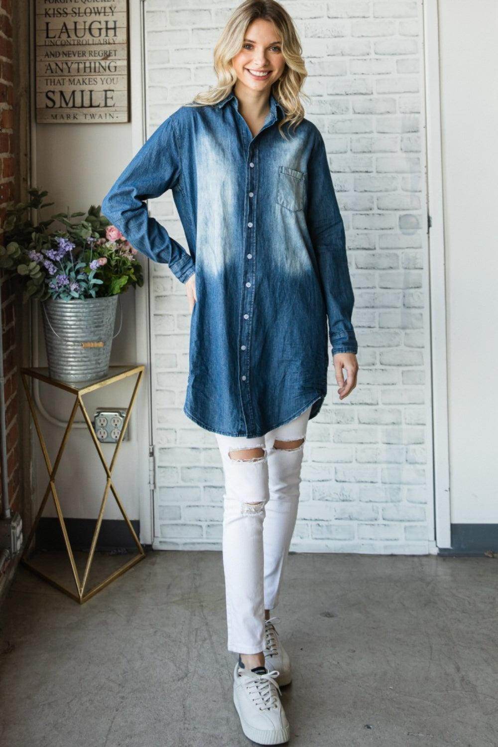 Veveret Pocketed Button Up Washed Denim Shirt for Women - Selvanelle