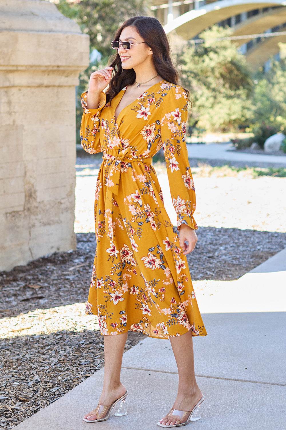 Double Take Full Size Floral Tie Back Flounce Sleeve Dress - Selvanelle
