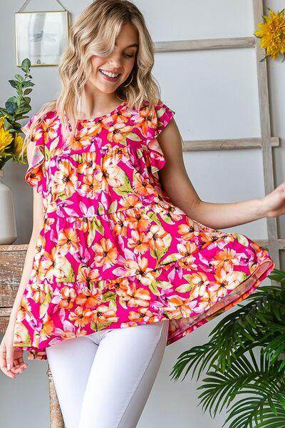 Heimish Full Size Butterfly Sleeve Floral Tiered Top Plus Size - Selvanelle