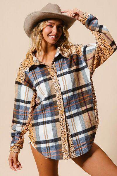 BiBi Curved Hem Sequin Plaid Button Up Shacket Chic Style - Selvanelle