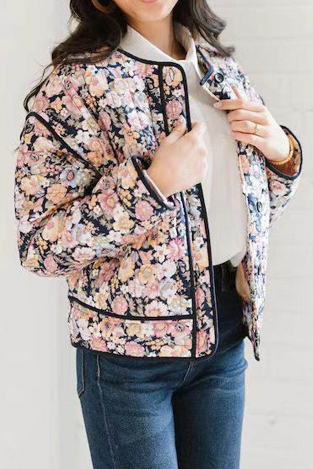 Floral Button Up Long Sleeve Winter Coat for Women - Selvanelle