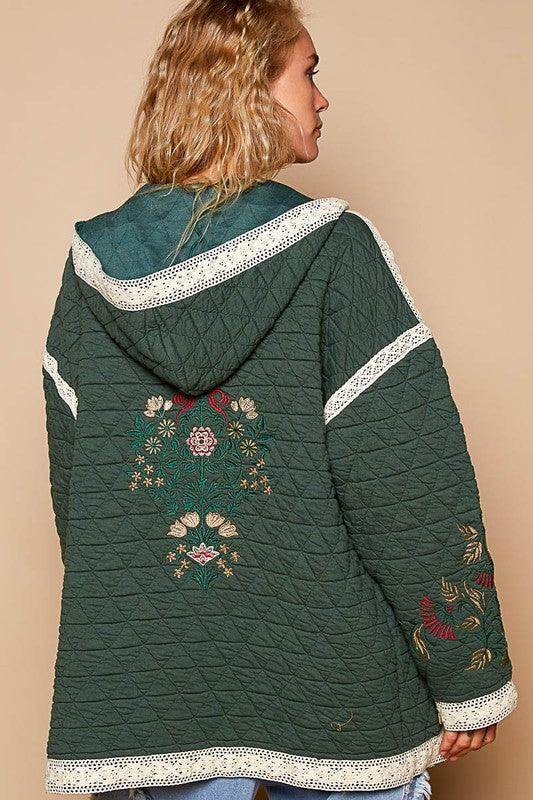 POL Embroidered Open Front Quilted Jacket with Crochet Pockets - Selvanelle