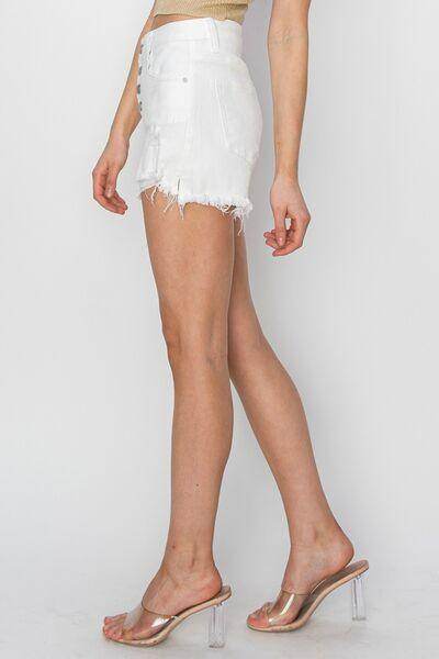 RISEN Button Fly Frayed Hem Denim Shorts for Women - Selvanelle