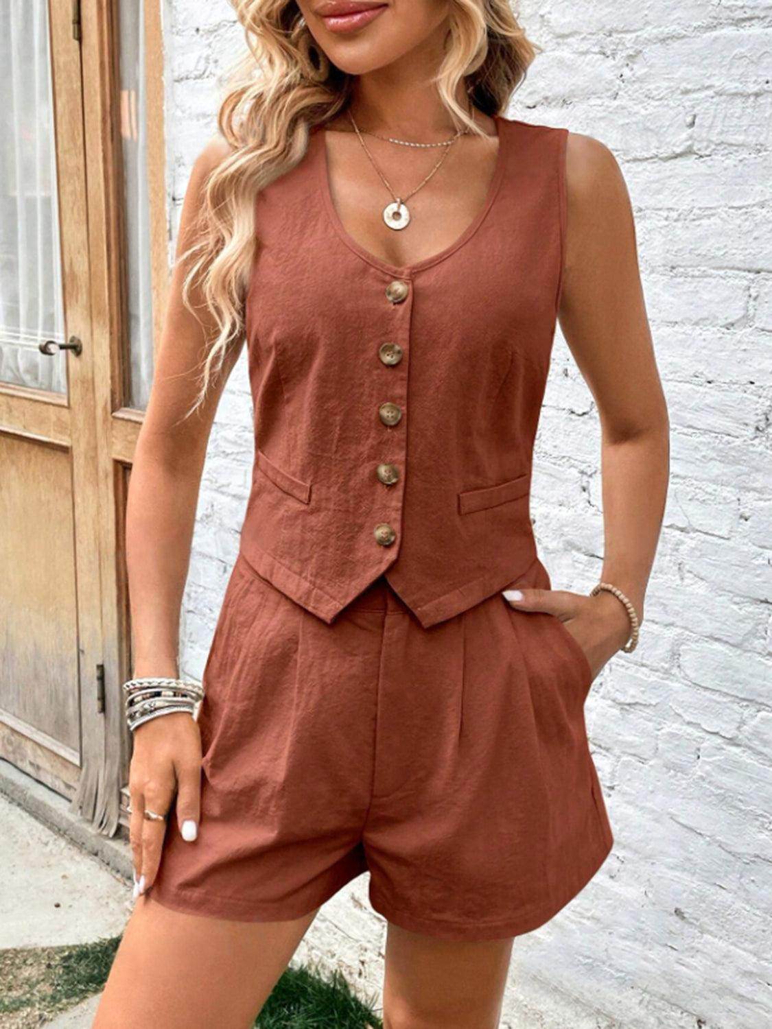 Scoop Neck Sleeveless Top and Shorts Set for Women - Selvanelle