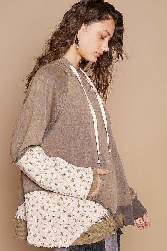 POL Floral Patchwork Distressed Drawstring Hoodie for Women - Selvanelle