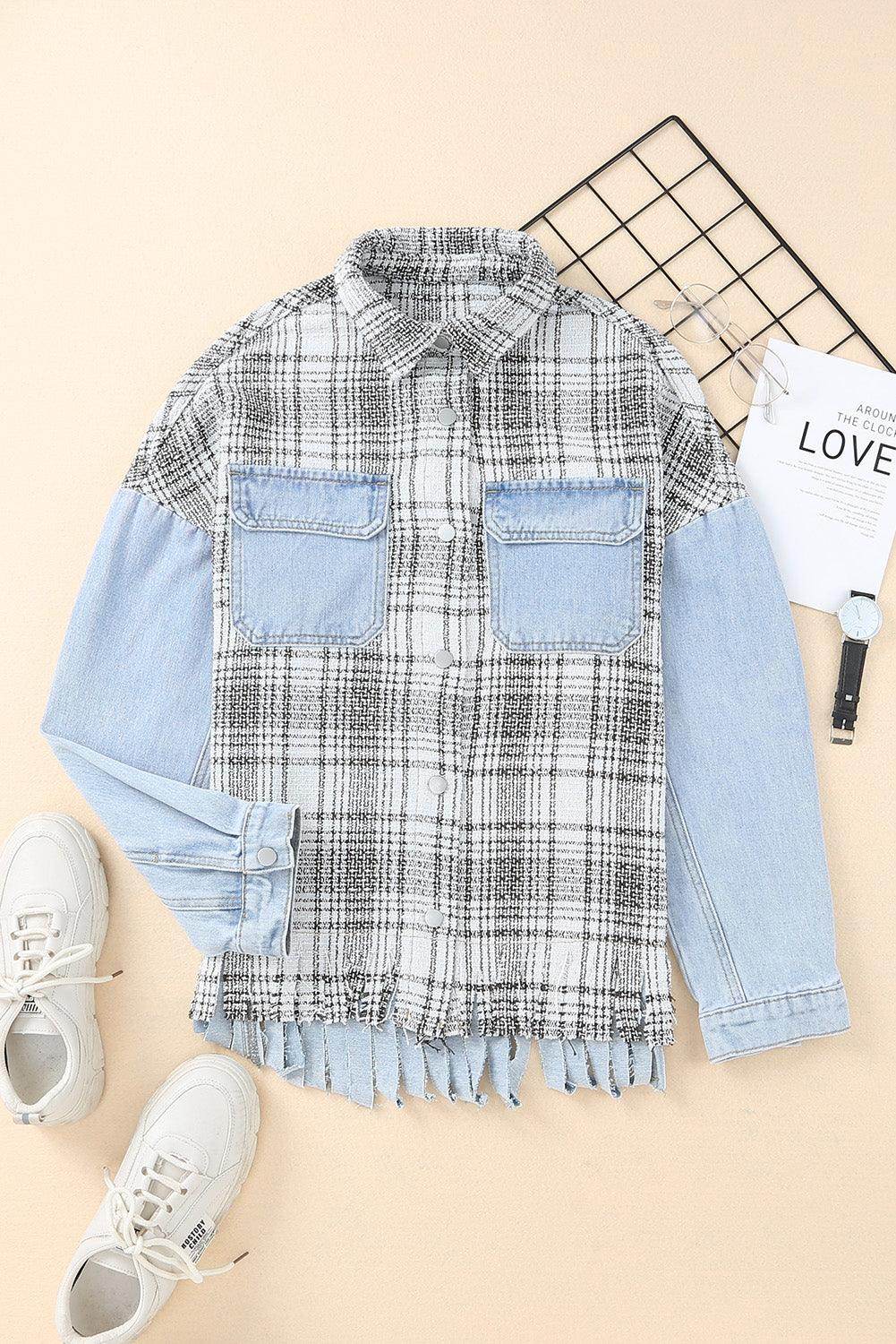 Plaid Pocketed Snap Down Denim Jacket for Stylish Comfort - Selvanelle