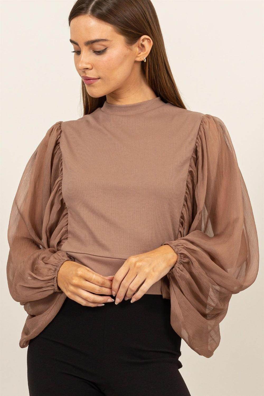 HYFVE Ruched Sheer Long Sleeve Mock Neck Blouse for Elegance - Selvanelle