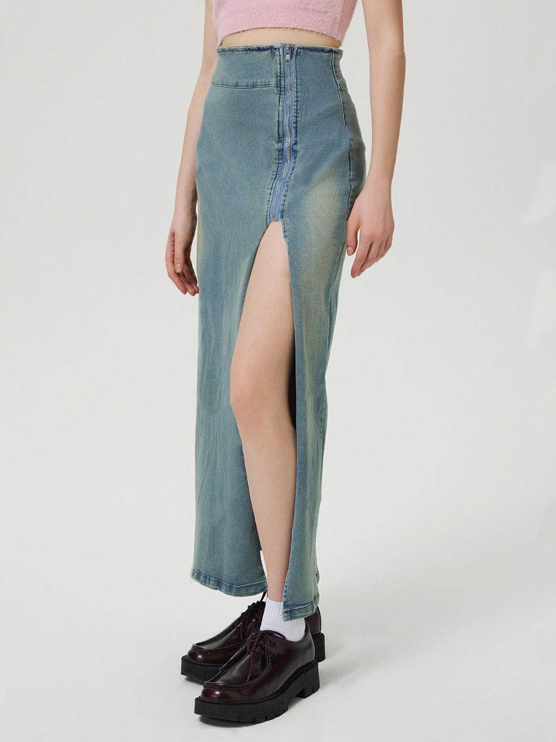 Slit Denim Skirt with Zip for Women in Various Sizes - Selvanelle