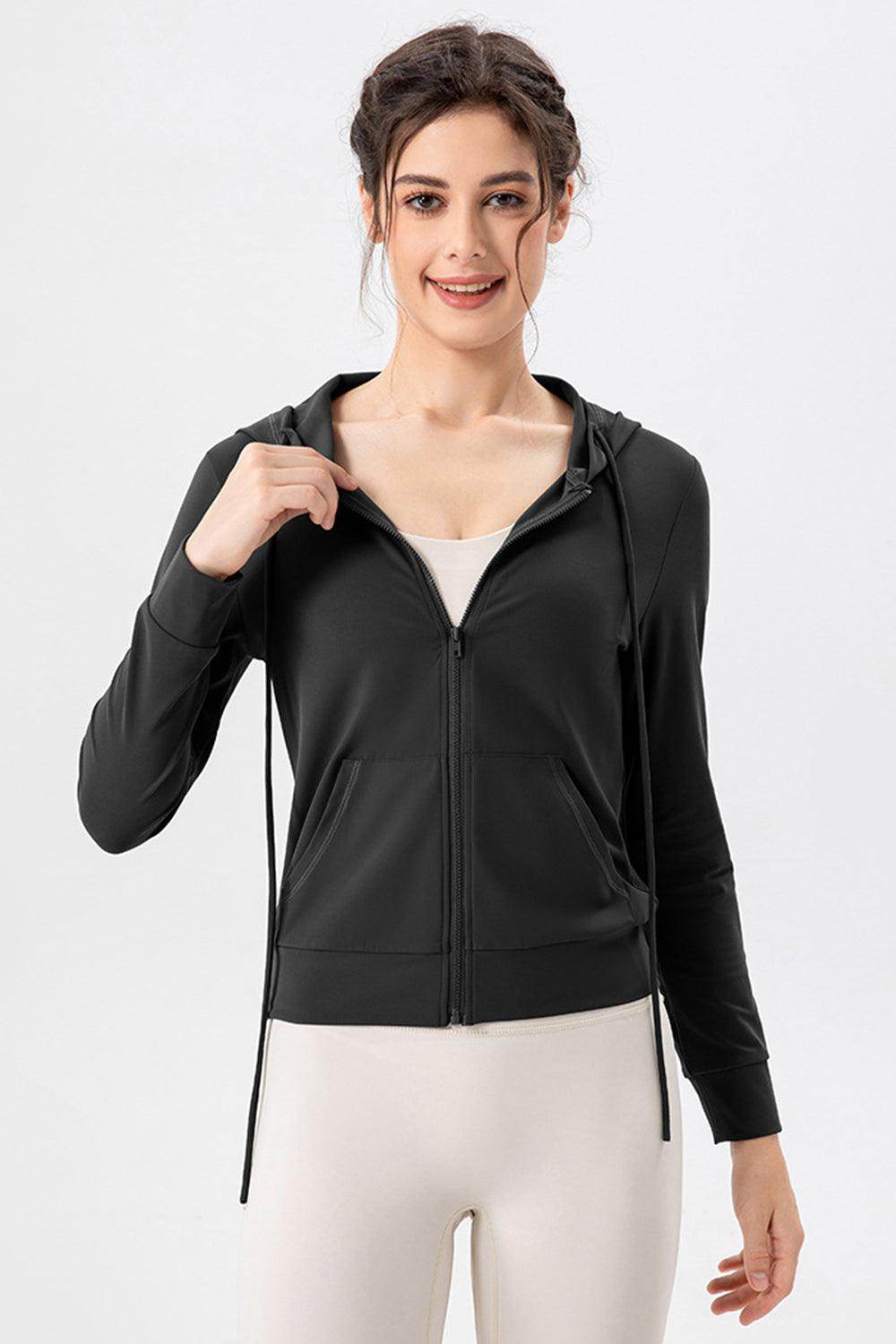 Drawstring Zip Up Hooded Active Outerwear for Women - Selvanelle