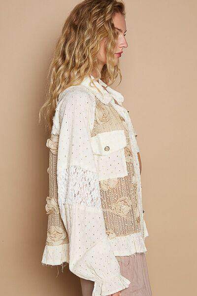 POL Eyelet Flower Pearl Detail Lace Patchwork Shirt for Women - Selvanelle