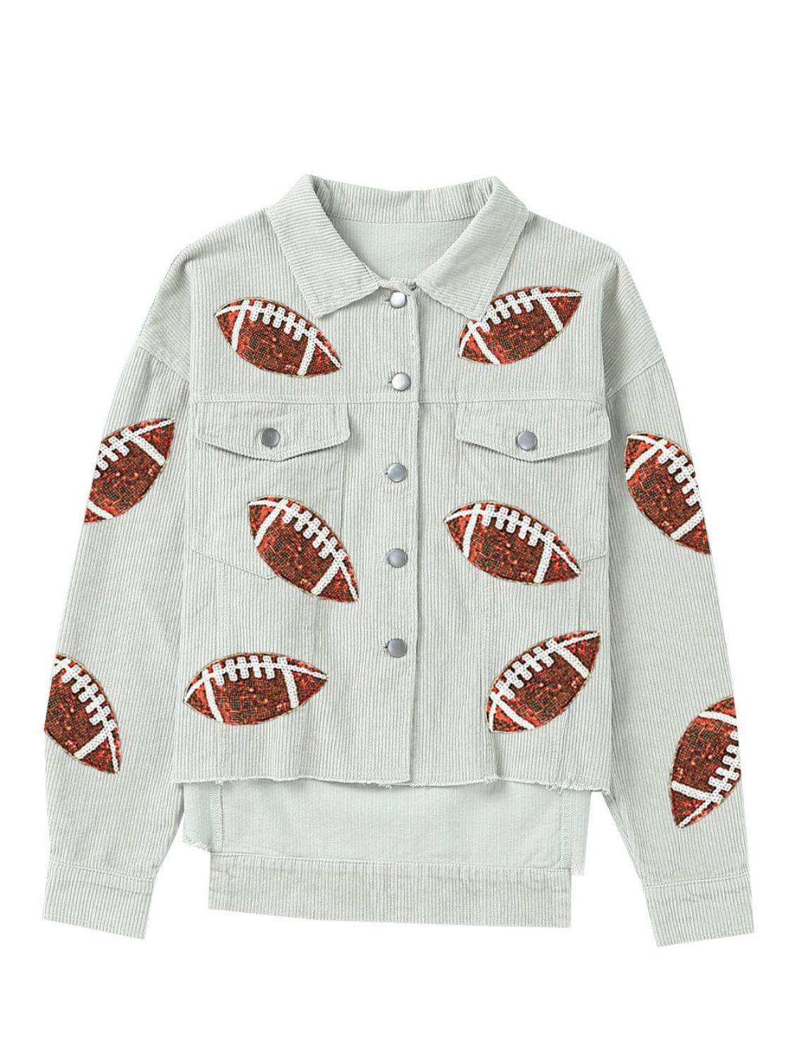 Football Sequin Button Up Dropped Shoulder Jacket for Women - Selvanelle