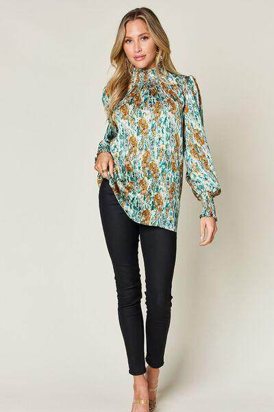 Double Take Full Size Printed Smocked Long Sleeve Blouse - Selvanelle