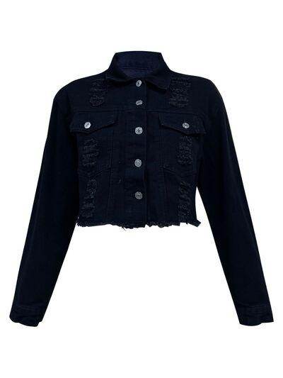 Distressed Collared Neck Long Sleeve Denim Top for Women - Selvanelle