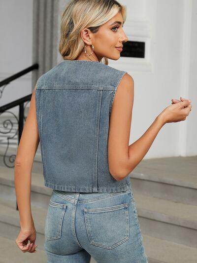 V-Neck Button Down Denim Vest for Effortless Style - Selvanelle