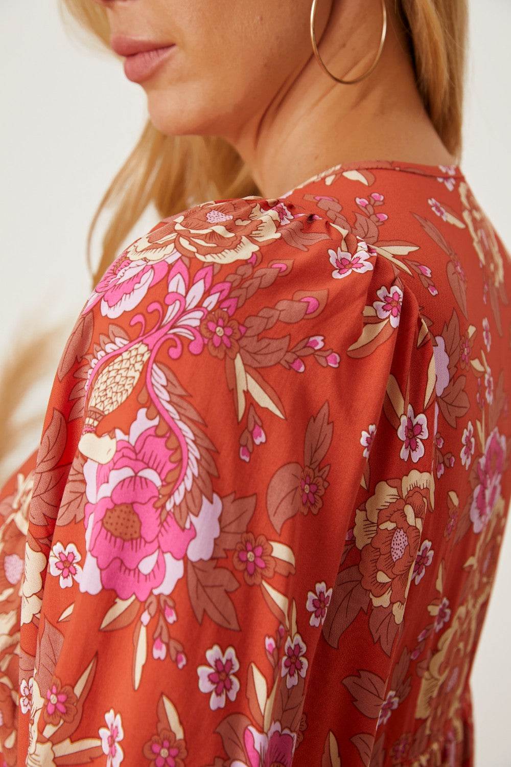 Floral Tie Neck Half Sleeve Dress - Selvanelle