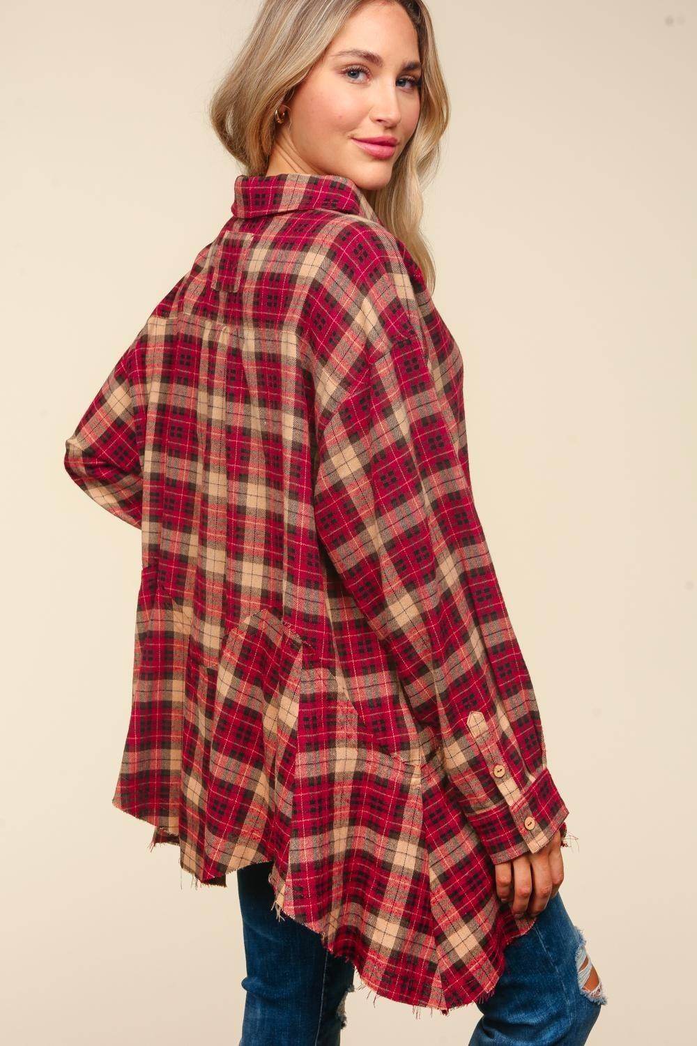 Haptics Plaid Button Down Sharkbite Shirt for Stylish Outfits - Selvanelle