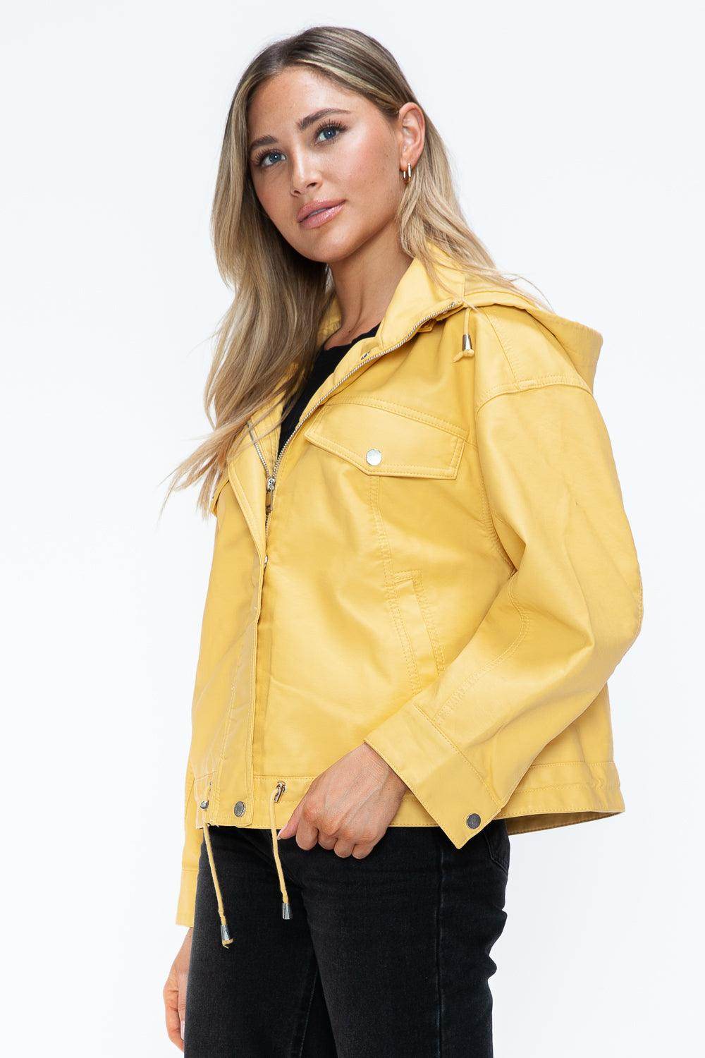 How Dare U Drawstring Hem PU Leather Zip Up Jacket for Women - Selvanelle
