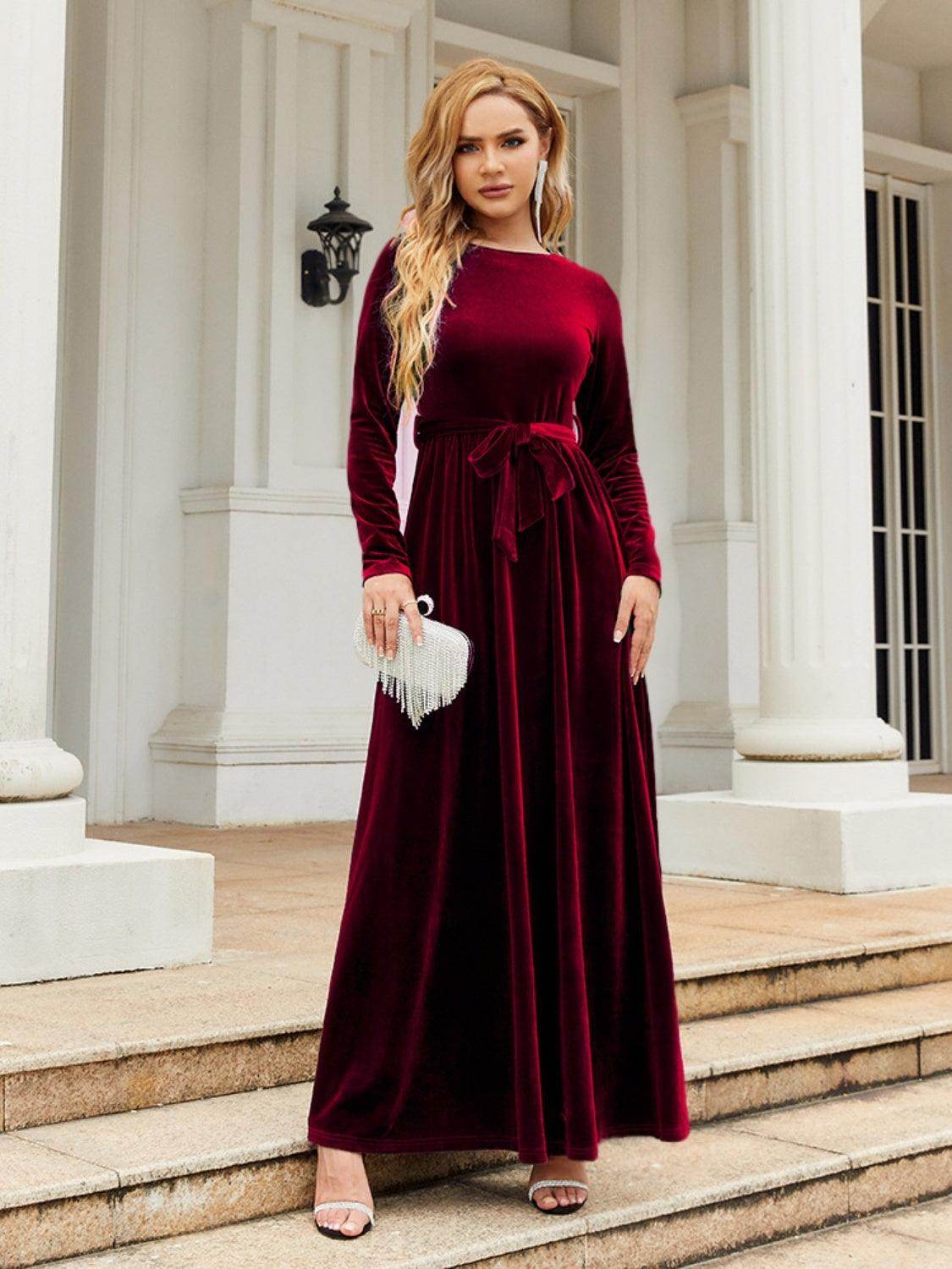 Tie Front Round Neck Long Sleeve Maxi Dress for Women - Selvanelle