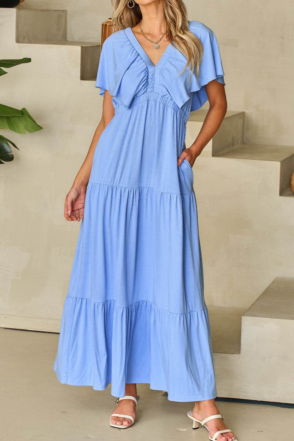 Ruffled V Neck Flutter Sleeve Maxi Dress - Selvanelle