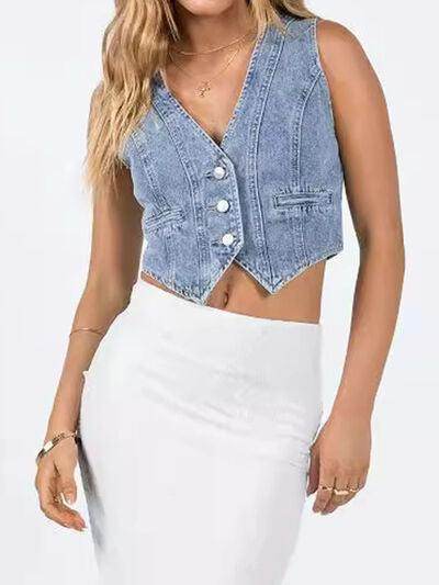 Button Up Sleeveless Denim Top for Effortless Style - Selvanelle