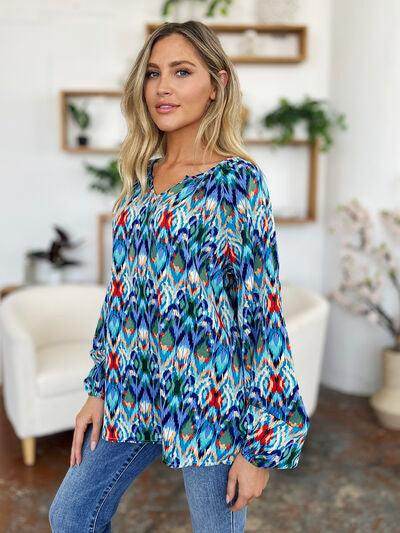 Double Take Full Size Printed Balloon Sleeve Blouse Women - Selvanelle