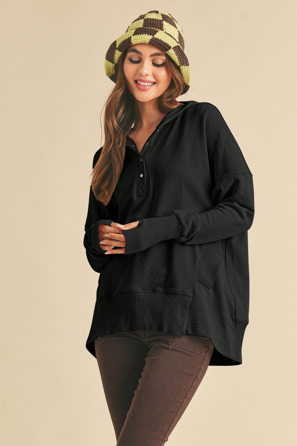 Aemi+Co Half Snap Dropped Shoulder Hoodie for Casual Style - Selvanelle