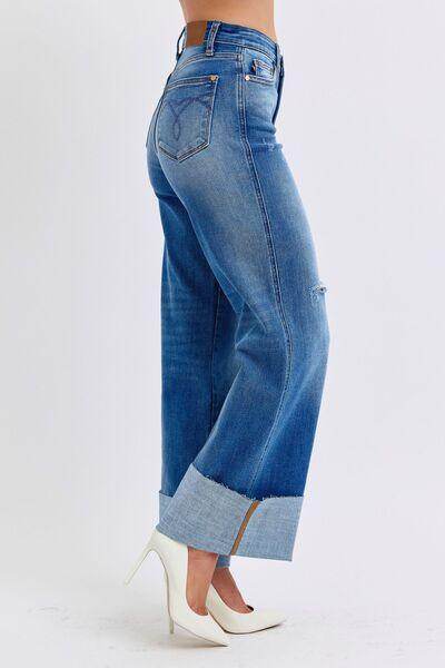 Judy Blue Full Size Distressed High Waist Wide Leg Jeans - Selvanelle