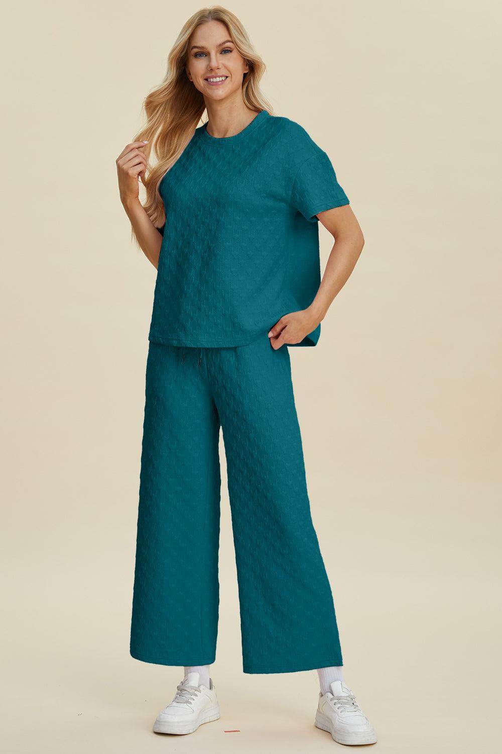 Double Take Full Size Texture Round Neck Top and Pants Set - Selvanelle