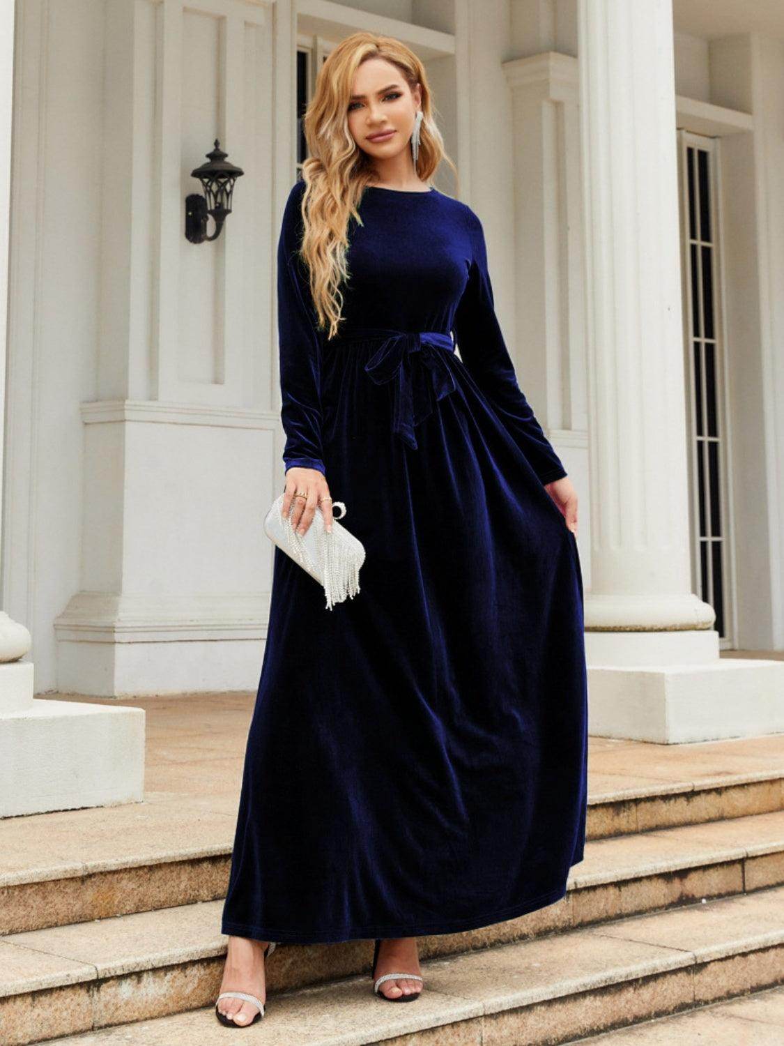 Tie Front Round Neck Long Sleeve Maxi Dress for Women - Selvanelle