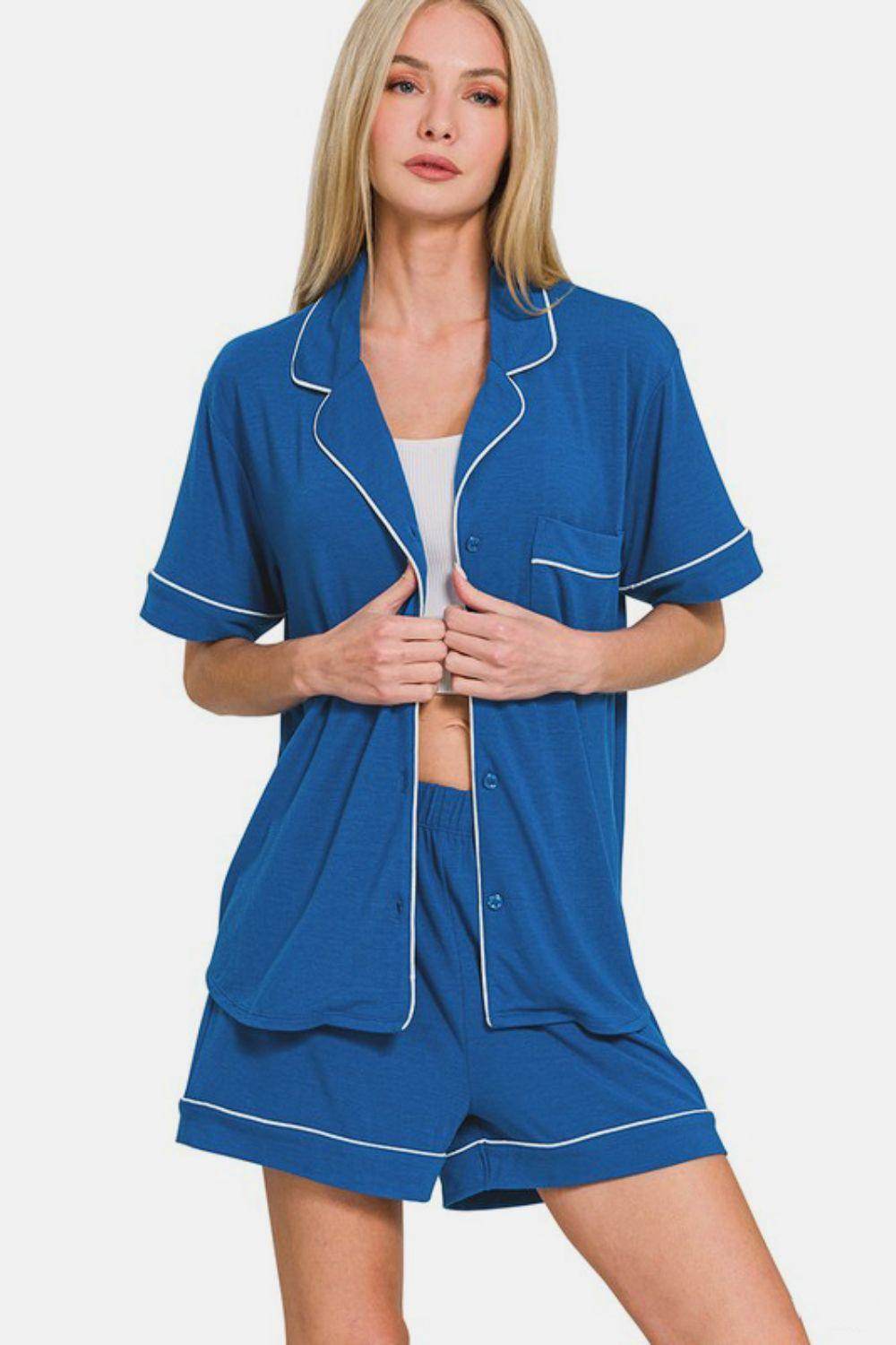 Zenana Button Down Short Sleeve Top and Shorts Lounge Set - Selvanelle