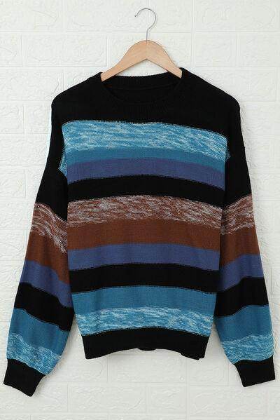Contrast Striped Round Neck Drop Shoulder Sweater for Women - Selvanelle