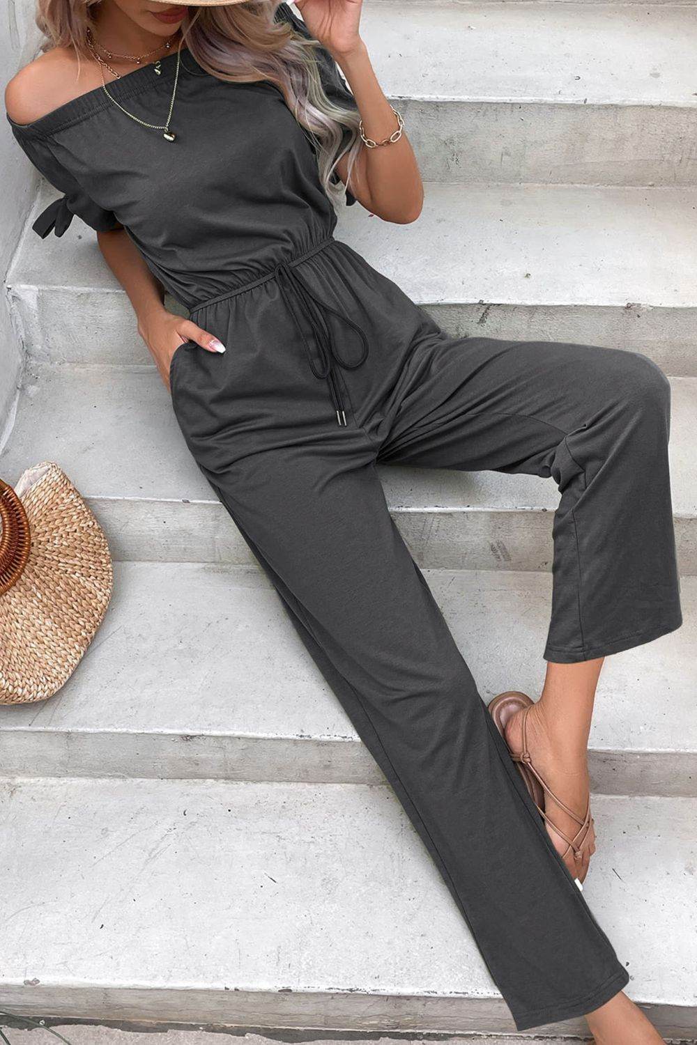 Perfee Off-Shoulder Tie Cuff Jumpsuit with Pockets - Selvanelle
