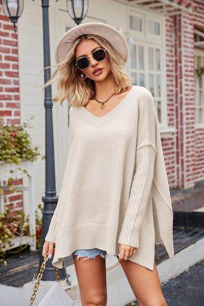 Slit V-Neck Dropped Shoulder Sweater for Effortless Style - Selvanelle