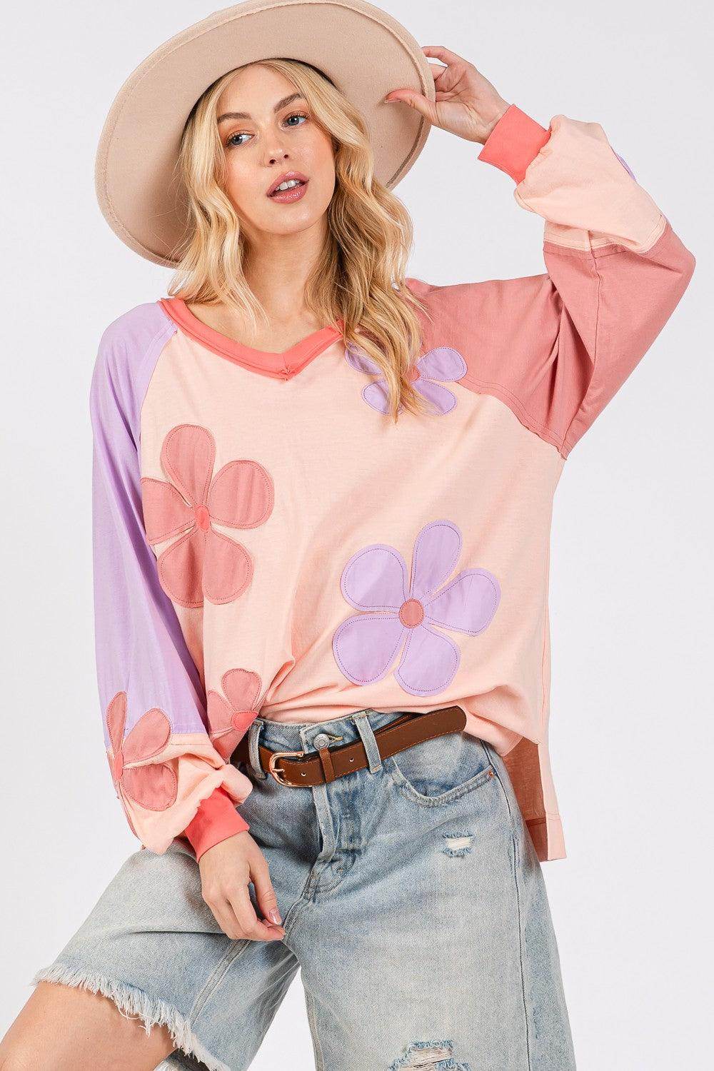 SAGE + FIG Full Size Daisy Applique Patch Long Sleeve Top - Selvanelle