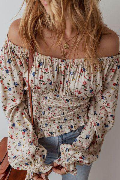 Ruched Printed Scoop Neck Long Sleeve Blouse for Women - Selvanelle