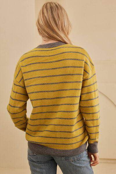 Flower Stripe Round Neck Long Sleeve Sweater for Women - Selvanelle