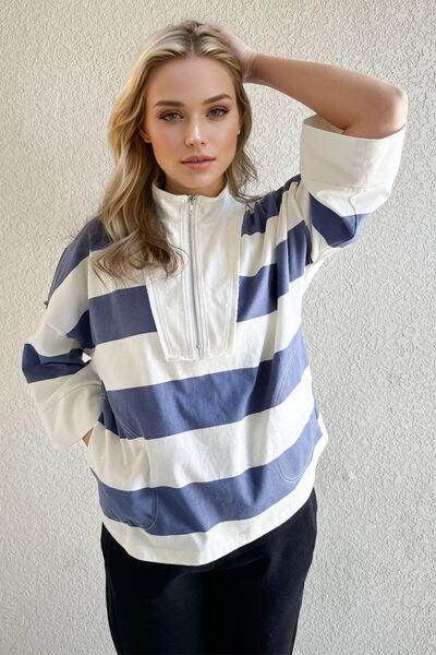 Oh Pima Cotton Wash Striped Half Zip Mock Neck Top - Selvanelle