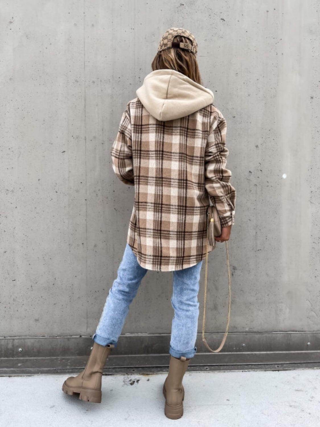 Plaid Dropped Shoulder Hooded Jacket for Casual Style - Selvanelle