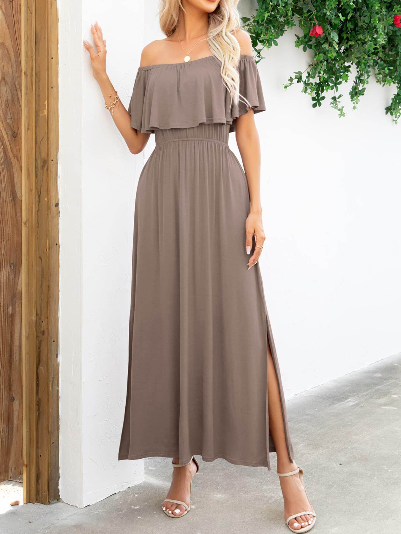 Off-Shoulder Slit Maxi Dress for Elegant Summer Style - Selvanelle