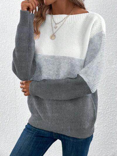 Color Block Boat Neck Sweater for Stylish Layering - Selvanelle