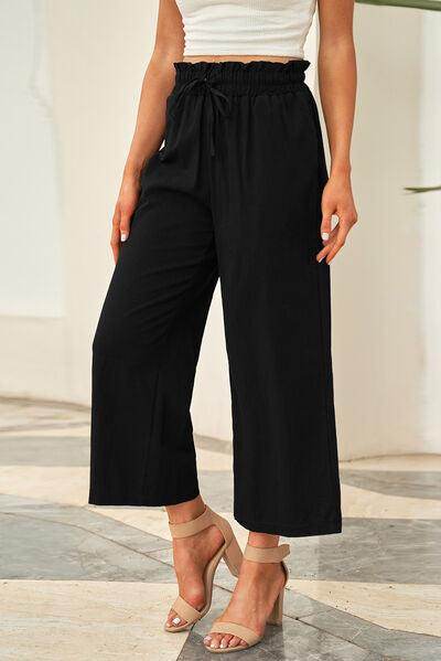 Drawstring Paperbag Waist Wide Leg Pants for Women - Selvanelle
