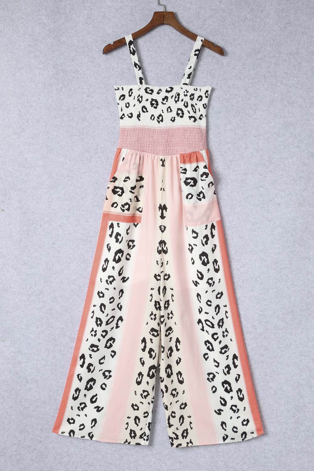 Leopard Color Block Smocked Jumpsuit - Selvanelle