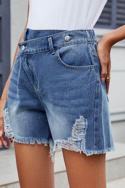 Distressed Raw Hem Asymmetric Waist Denim Shorts for Women - Selvanelle