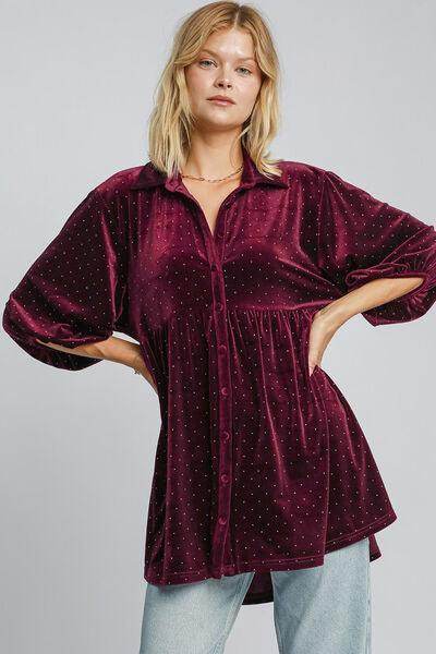 Umgee Full Size Polka Dot Button Up Half Sleeve Shirt - Selvanelle