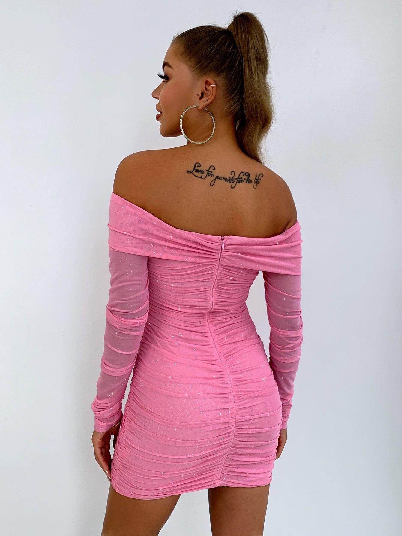 Glitter Ruched Off-Shoulder Long Sleeve Bodycon Dress for Women - Selvanelle