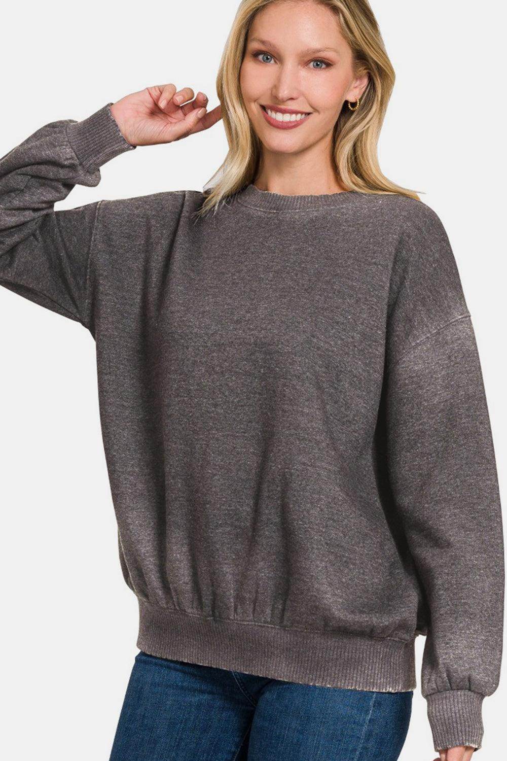 Zenana Full Size Acid Wash Fleece Long Sleeve Sweatshirt - Selvanelle