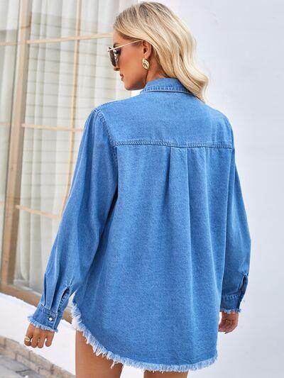 Raw Hem Button Up Long Sleeve Denim Jacket with Sequin Pockets - Selvanelle