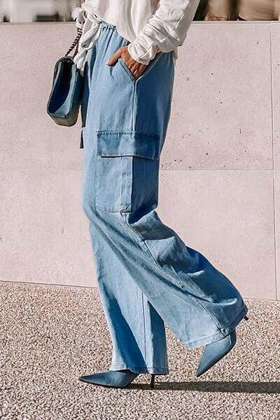 Drawstring Cargo Pocket Wide Leg Jeans for All-Day Comfort - Selvanelle