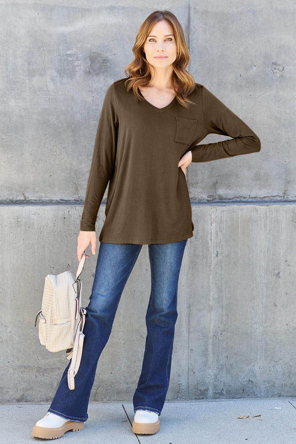 Basic Bae Full Size V-Neck Long Sleeve Top for Women - Selvanelle