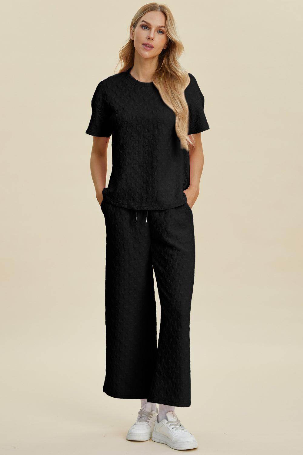 Double Take Full Size Texture Round Neck Top and Pants Set - Selvanelle
